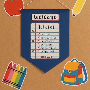 Faixa de boas-vindas para professores: decoração positiva para sala de aula com lista de verificação de gentileza