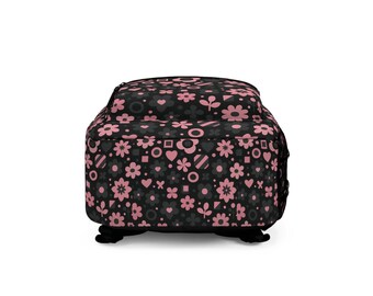 Floral Pattern Mini Backpack – Pink & Black by Unknown Pink and Black Floral Backpack for Teen Girls, Aesthetic  main image 4