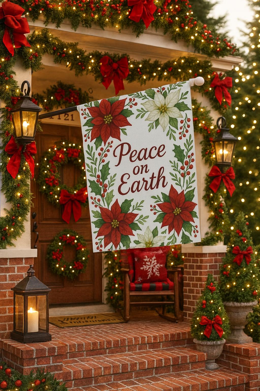 37 Inviting Christmas Front Porch Decor Ideas to Welcome Guests: Festive Ways to Wow Your Neighbors 33 Peace on Earth Christmas Garden Flag Poinsettia Holiday Outdoor Flag…