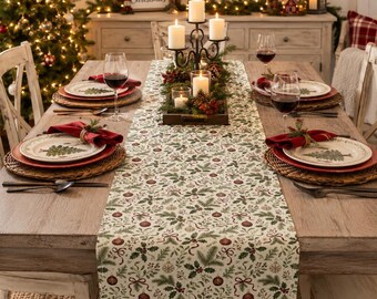 Runner da tavola natalizio, decorazioni per la tavola in stile rustico, runner da tavola con agrifoglio e ornamenti, elegante allestimento per la tavola di Natale