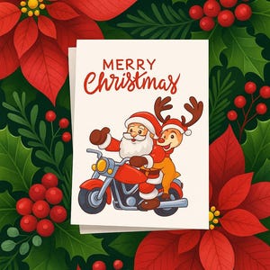 Niedliche Rentier und Weihnachtsmann Postkarten Bundle Lustige Weihnachtskarte mit Gedicht Weihnachtsmann auf Motorrad Lighthearted Xmas Gruß