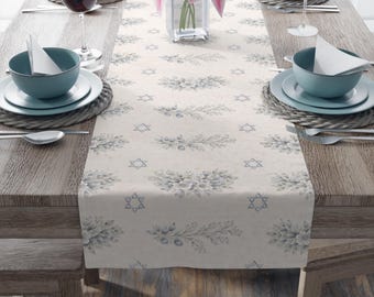Star of David Table Runner Botanical Judaica Blue and White Jewish Table Decor