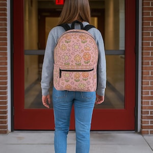 Kawaii Smiley Flower Backpack for Girls Cute Pink Floral School Bag for Teens & Tweens Aesthetic Back-to-School Bookbag with Pockets