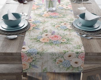 Chemin de table floral printanier vintage, décoration de table à manger de ferme et de chalet