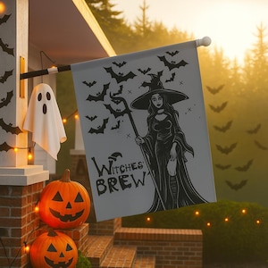 Witches’ Brew Halloween Garden Flag Spooky Witch Bats Outdoor Yard Decor for Fall, Gothic Witchy Porch Decoration, Vintage Halloween Flag