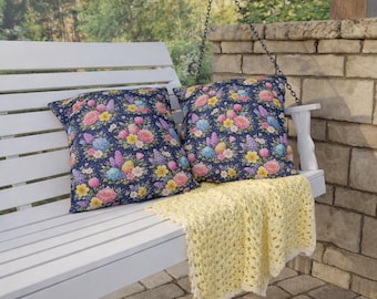 Floral Outdoor Throw Pillow Navy Garden Flowers Cottage Porch Home Decor UVA and Water Resistant