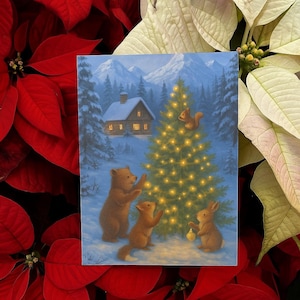 Paquete de postales navideñas con animales del bosque, cabaña acogedora, escena invernal, oso, zorro, conejo, ardilla, saludo navideño, sobre con mensaje preimpreso