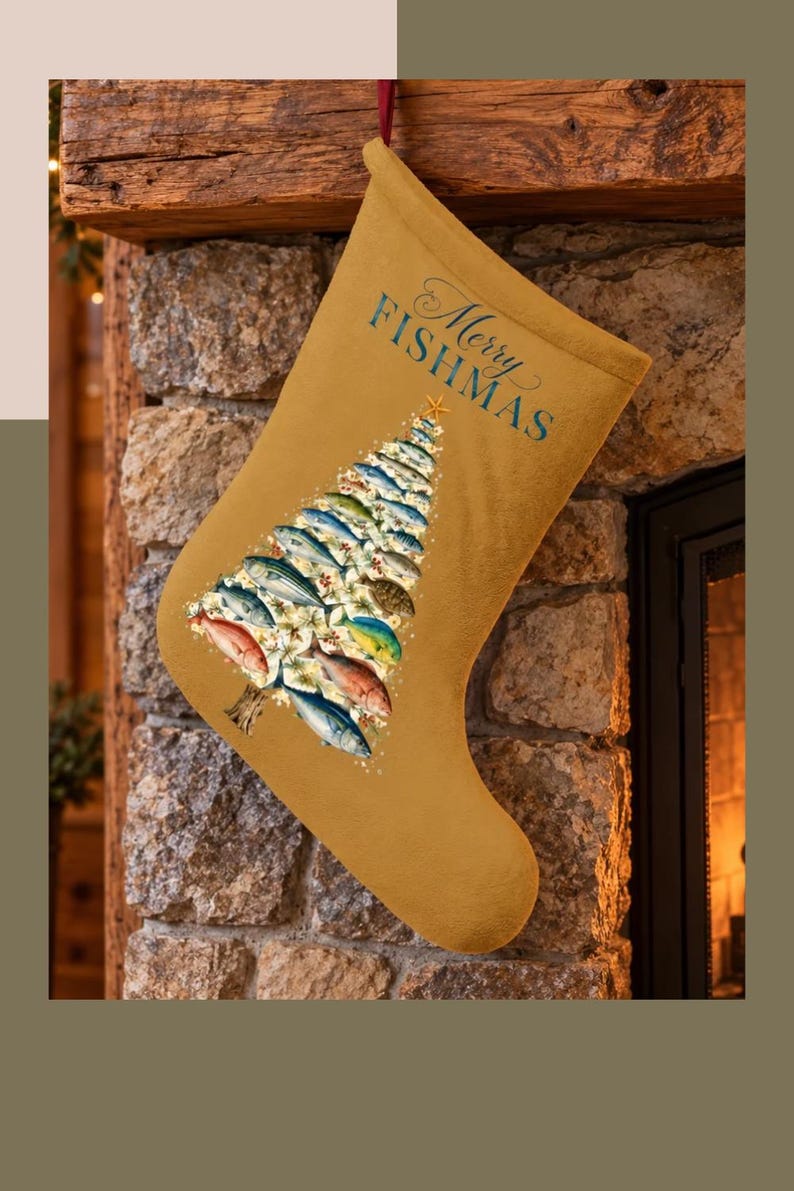 Merry Fishmas Christmas Stocking, Saltwater Fish Tree Design, Golden ...