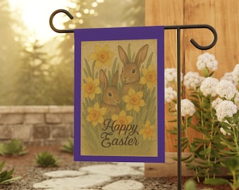 Vintage Easter Bunny Garden Flag Spring Daffodils Rabbits Floral Porch Decor