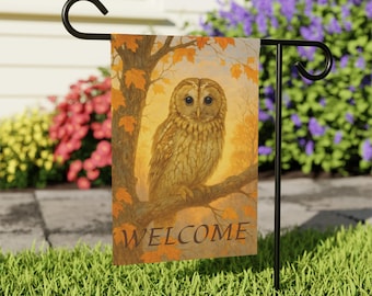 Bandera de jardín de búho otoñal: decoración de porche otoñal con búho leonado