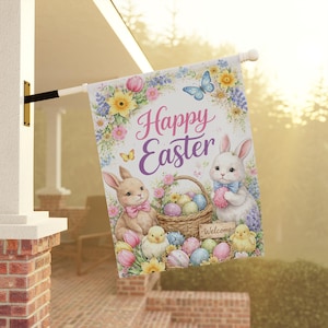 May include: A decorative Easter garden flag with the words "Happy Easter" in a script font. The flag features illustrations of bunnies, chicks, Easter eggs, and flowers in pastel colors. A butterfly is also present.