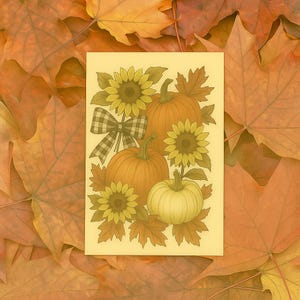 Vintage Pumpkin Sunflower Thanksgiving Postcard Bundle Pre Printed Message Fall Greeting Card Autumn Leaves Gingham Bow, Envelopes Included