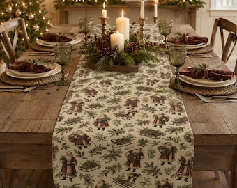Vintage Santa Table Runner, Farmhouse Christmas Table Decor, Antique Santa Holiday Runner, Traditional Christmas Dining Decor