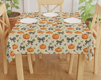 Cottagecore Fall Harvest Tablecloth: Pumpkins, Gingham Bows, Autumn Decor