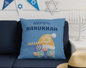 Custom Outdoor Hanukkah Pillow Celebrate the Festival of Lights Adorable Gnome Outdoor Decorating Jewish Holidays Fade Water Resistant