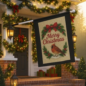 Bandeira de jardim de Natal feliz, decoração de quintal de férias de inverno, guirlanda de pinheiro vermelha festiva, bandeira para áreas externas