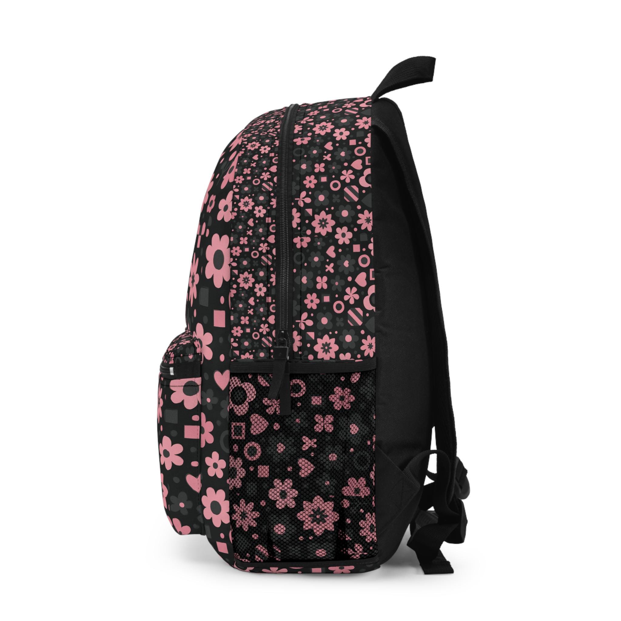 Pink and Black Floral Backpack for Teen Girls, Aesthetic  display picture 3