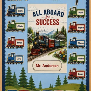 May include: A classroom bulletin board display featuring a central poster with the text ALL ABOARD for SUCCESS and Mr. Anderson, surrounded by individual train engine cutouts labeled with names like Emma, Liam, Olivia, Ethan, Ava, Noah, Sophia, Mason, Isabella, Lucas, Mia, Benjamin, Charlotte, Jacob, Amelia, and William.