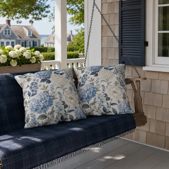 Luxury Blue Hydrangea Outdoor Pillow Nantucket Porch Decor Blue White Floral Pillow Coastal Grandmillennial Accent Cushion