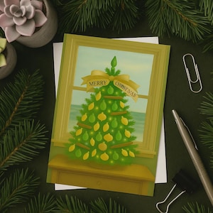Paquete de postales navideñas costeras con árbol de vidrio marino y conchas marinas, tarjeta de felicitación navideña náutica, vista al océano, mensaje preimpreso