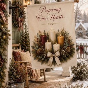 May include: A rectangular garden flag featuring the text Preparing Our Hearts in elegant script. The design displays four pillar candles in white, burgundy, and gold, nestled within a wreath of pine branches, pinecones, and a large beige bow.
