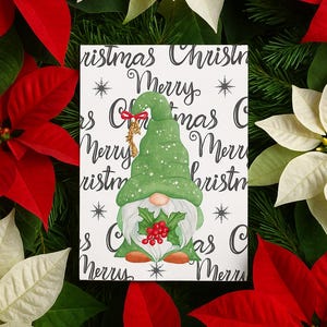 Pacote de cartões postais de Natal de gnomo, mensagem pré-impressa, chapéu verde festivo, cartão de gnomo para festas, papelaria fofa de Natal, cartão de felicitações para festas