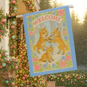Welcome Foxes Garden Flag Woodland Animal Outdoor Decor, Playful Baby Fox Cub Welcome Sign, Cottagecore Garden Banner