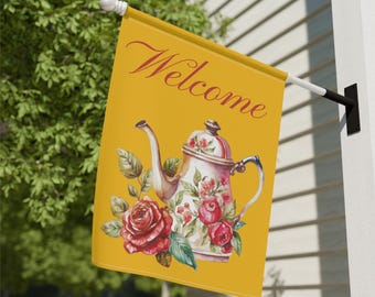Vintage Inspired Tea and Roses Garden Flag Welcome Sign for Yard or Porch Grandmillennial Cottagecore Floral Farmhouse Outdoor Decor