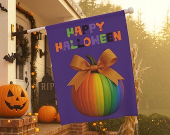 Pride Halloween Garden Flag: Rainbow Pumpkin & Glitter Bow LGBTQ+ Decor