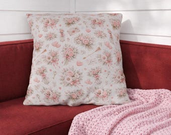 Floral Outdoor Valentine Throw Pillow Pink Roses Cottage Porch Romantic Home Decor