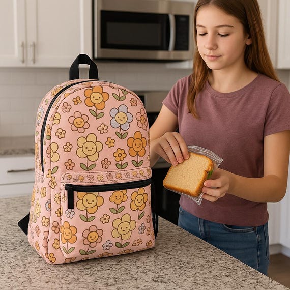 Kawaii Smiley Flower Backpack for Girls Cute Pink Floral  display picture 2