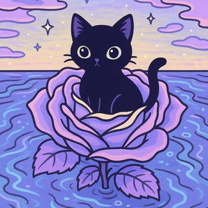 May include: A whimsical illustration of a black cat sitting inside a large purple rose floating on water. The background features a sunset sky with clouds and stars, creating a dreamy, fantasy scene.