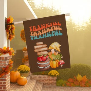 Thankful Thanksgiving Garden Flag Cute Fall Gnome Yard Decor with Pumpkins, Apples Retro Text Autumn Outdoor Decoration