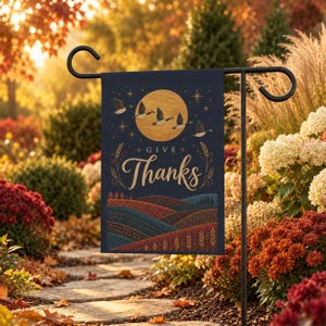 Give Thanks Garden Flag, Elegant Thanksgiving Yard Décor, Navy Blue Fall Flag, Autumn Harvest Outdoor Decoration, Housewarming Gift