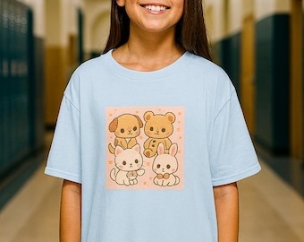 Kawaii Animal Friends T-Shirt for Kids, Cute Pastel Cartoon Tee, Soft Youth Graphic Shirt, Kawaii Aesthetic Outfit for Girls