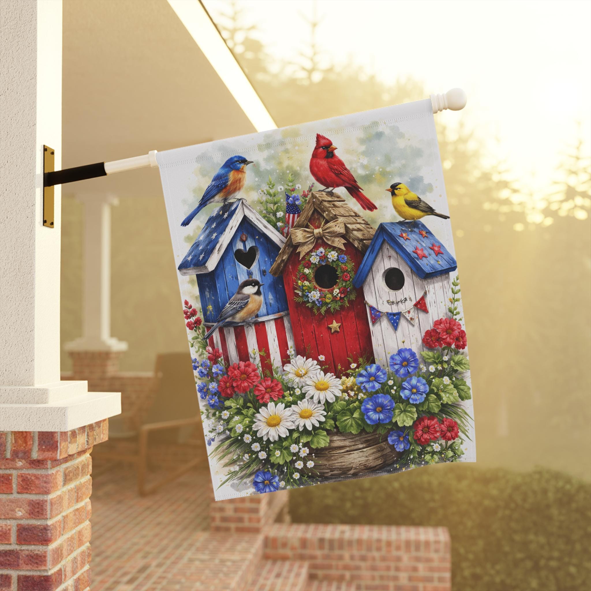 Patriotic Birdhouse Garden Flag Red White Blue Americana Yard