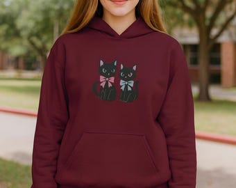 Kawaii Pastel Goth Bow Kitty Hoodie Teens Tweens Cute Black Cat Sweatshirt Aesthetic Pullover