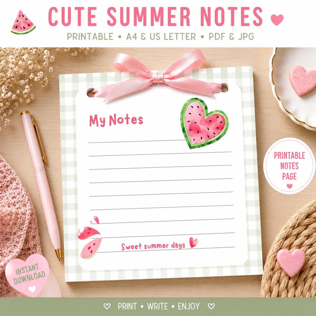 Cute Summer Notes Printable | Watermelon Memo Pad | Kawaii Notes Page ...