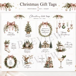12 Printable Christmas Gift Tags | Rustic Watercolor Gift Labels | Vintage Holiday Tags | Instant Download | US Letter