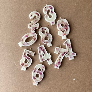 All Natural Number Beeswax Candle in Ivory White with dried rose buds