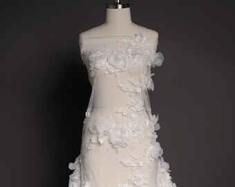 Ivory 3D lace fabric, Luxury hand made beads by 3D Blossoms, French Lace, Embroidered lace, Wedding Lace, Bridal lace, black Lace, Veil lace
