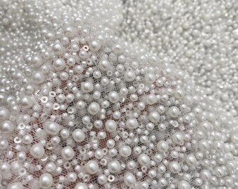 Heavy Sequin Beaded Lace Fabric for Wedding Dress,Slight 2Way Stretch Full Beads Pearls Wedding Bridal Dress, Beading Dressmaking Lace