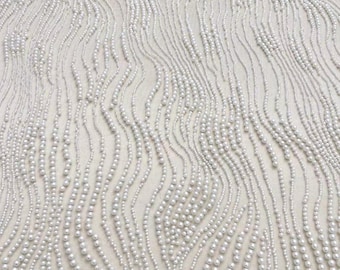Off-White Bead Pearls Lace Fabric,2Way Stretch Heavy Full Bead Wedding Bridal Dress,Gorgeous Embroidery Prom Party Wedding Dress Fabric