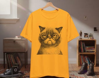 Grumpy Cat with Glasses Tee, Funny Pet Shirt