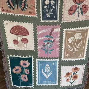 Cottagecore Woven Blanket, Vintage Stamp Design, Cotton Tapestry Throw