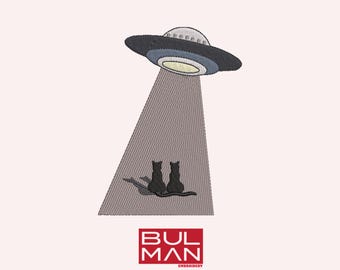 May include: Embroidered design of a UFO with a beam of light shining down on two black cats sitting on the ground. The design is in a vintage style and is perfect for a cat lover or someone who loves the paranormal.