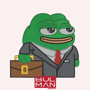 May include: An embroidered patch featuring a green cartoon frog wearing a gray suit, red tie, and holding a brown briefcase. The frog has a neutral expression. The patch includes the text "BULMAN EMBROIDERY".