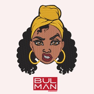 May include: Embroidered design of a woman with a yellow headscarf, black curly hair, and gold hoop earrings. The woman has a serious expression on her face.