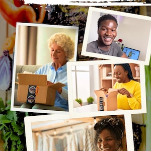 May include: A collage of images showing people receiving and opening packages with the text "FRAGILE" on the boxes. The packages are decorated with colorful stickers featuring a logo with a circle design.