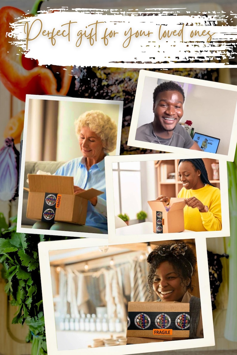 May include: A collage of images showing people receiving and opening packages with the text "FRAGILE" on the boxes. The packages are decorated with colorful stickers featuring a logo with a circle design.